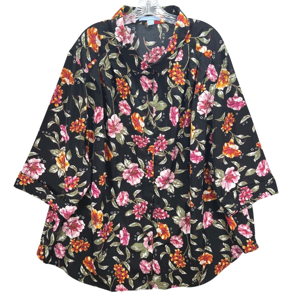 Only Necessities Floral Button Front Blouse Black Pink Orange Plus Size 4X
